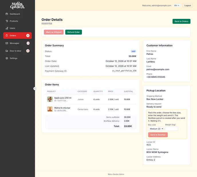 An order’s page in the admin: the order summary and items, the customer’s details, their chosen BoxNow locker, a form to pick a box size and weight and send the parcel to BoxNow, and buttons to mark the order shipped or refund it.